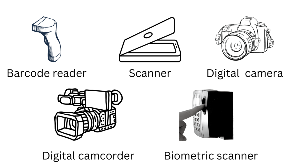 Picture of imaging and graphic input devices. Inage showing a scanner,, digital camcorda, digital camera, biometric scanner and barcode reader.