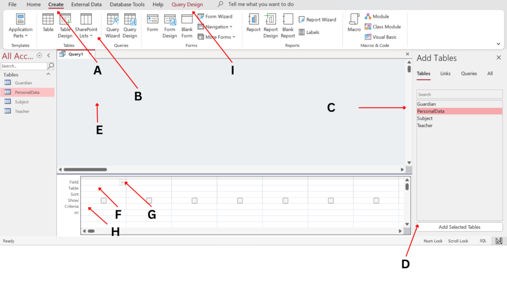 An image that with the parts of the window in the order they are used to set up a query with criteria to manipulate the data in a table.