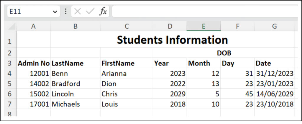 A table showing information in a Excel spreadsheet.