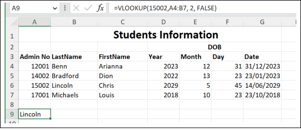 Table showing the format of the Excel VLOOKUP function and the results: =VLOOKUP(15002,A4:B7, 2, FALSE).