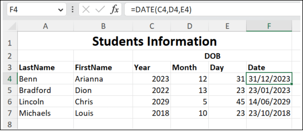 Picture showing the Excel date function =Date(C4, D4, E4).