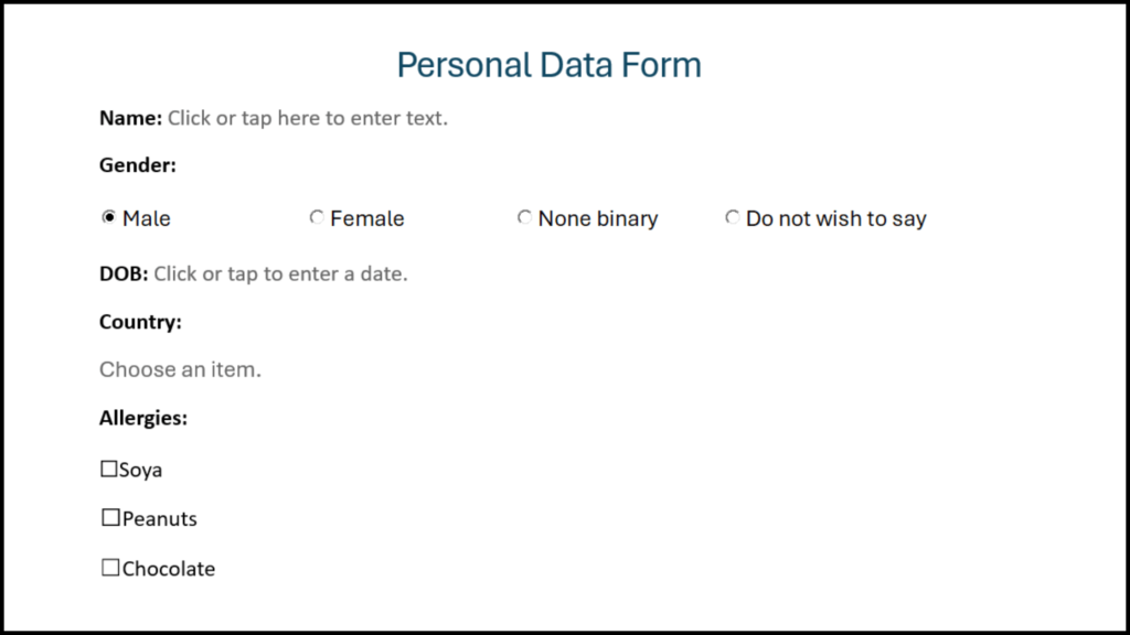 Image showing a fillable form with Name, Gender, Date of Birth, Country, and allergies as the available fillable fields. 