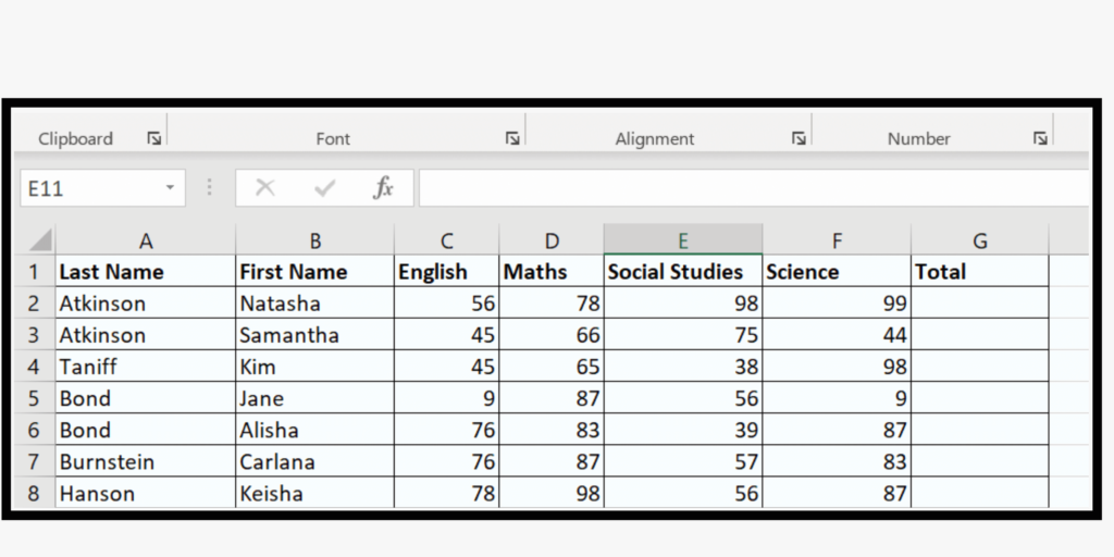 A spreadsheet with names of students and grades to be calculated.