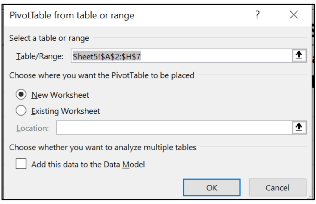 The popup menu for the ivot table that allows you to choose where data should be inserted.