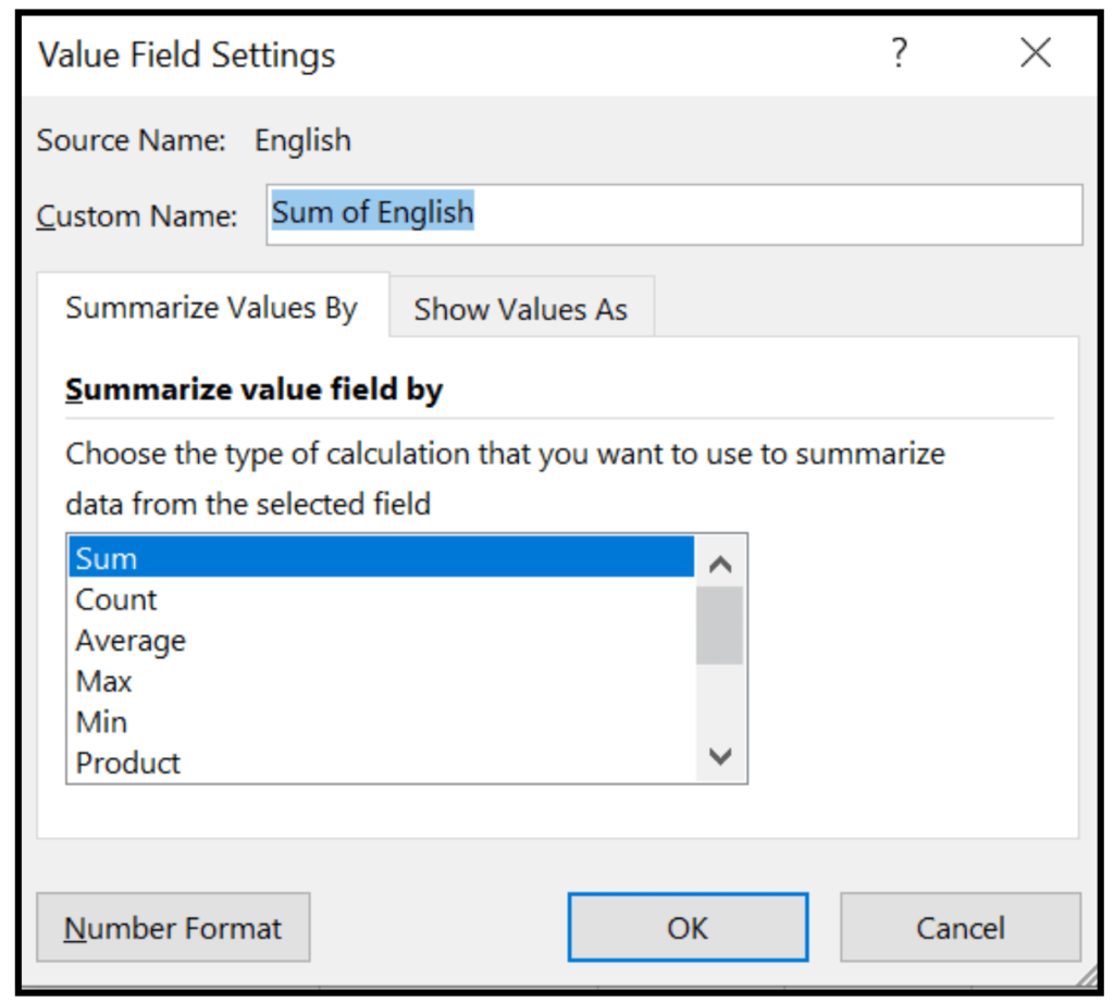 Value settings field in pivot tables.