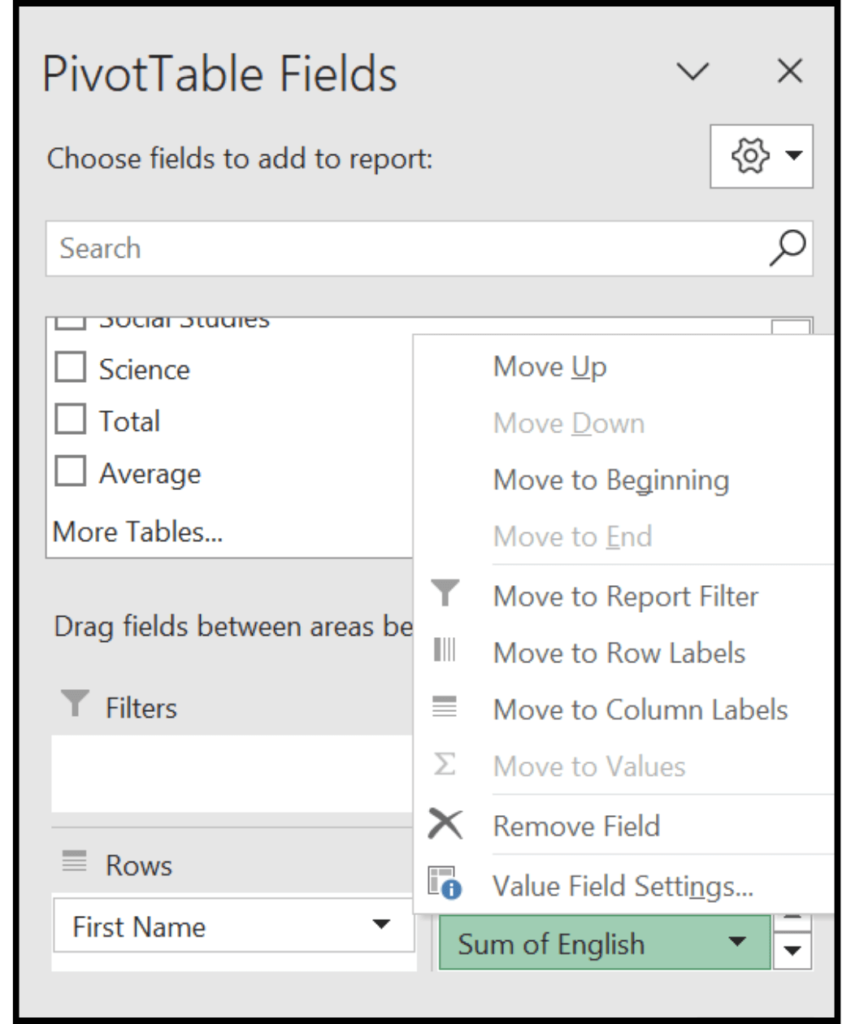 Image showing where the value field settings appear.