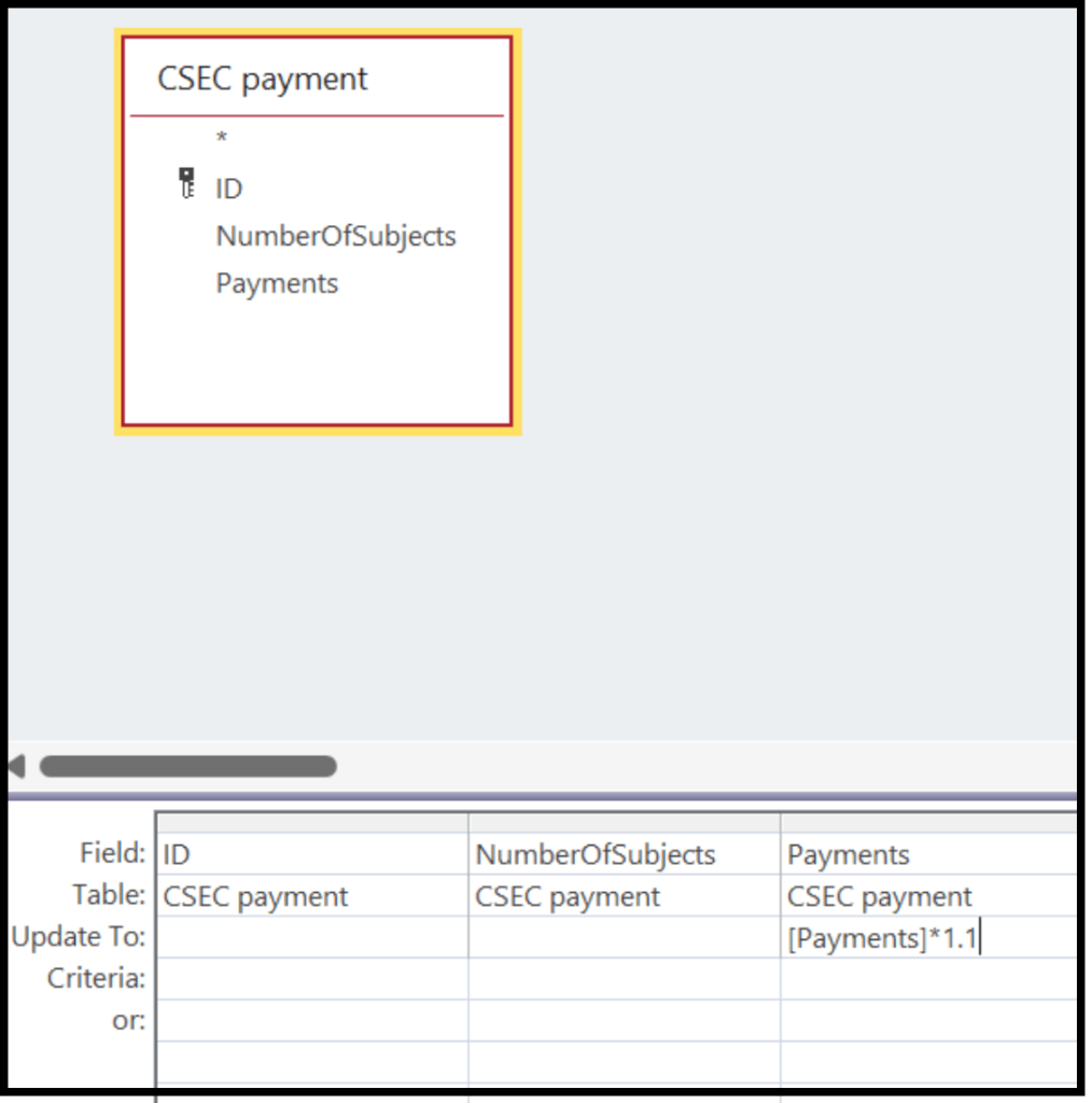 Desgn view for an update query.