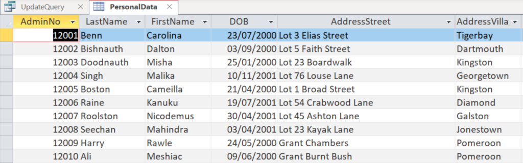 A table showing the results of the update query in the steps  above.