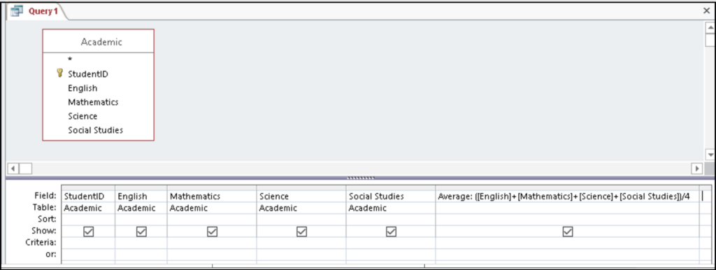 Query design for a calculated field in Access.